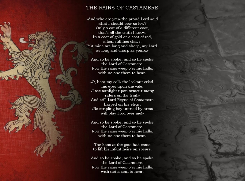 Игра престолов - The Rains of Castamere стихимузыка